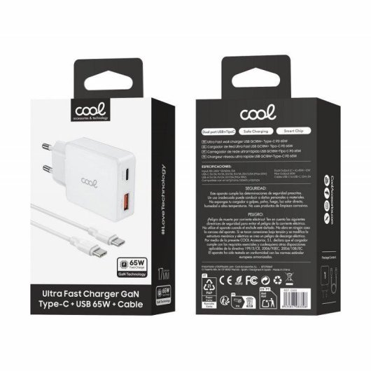 Cargador Red Cool Ultra Fast PD Tipo-C + USB GaN 65W Blanco