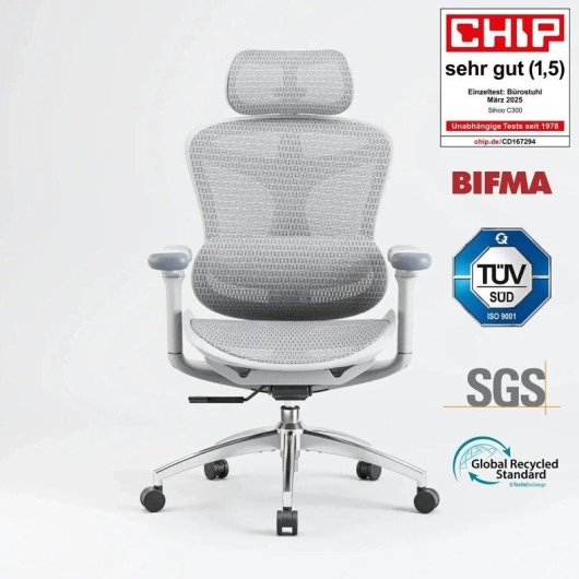 Bürostuhl Ergonomisch Sihoo Doro C300 - 3D-Armlehnen - Automatisch einstellbare Lendenwirbelstütze - Weiß