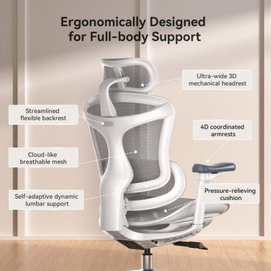 Bürostuhl Ergonomisch Sihoo Doro C300 - 3D-Armlehnen - Automatisch einstellbare Lendenwirbelstütze - Weiß