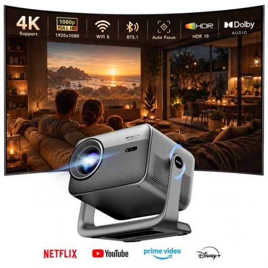 Proyector Blackview PV1000 Max 1080P, decodificación 4K, 1500 Lúmenes, gimbal 360°, enfoque automático, VIDAA OS, Netflix/Apple TV