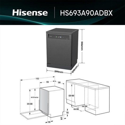 Lavavajillas Hisense HS693A90ADBX 16 Servicios A con WiFi y All Dry