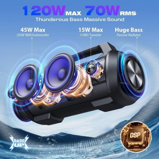 Altavoces W-King Bluetooth Portátil 120W IPX6 con luces y micrófono