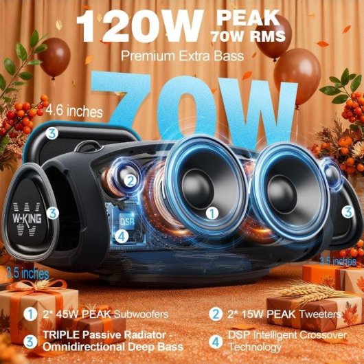Altavoces W-King Bluetooth Portátiles 120W con batería externa y resistencia IPX6