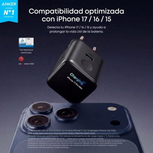 Cargador de Pared Anker Nano para iPhone Qi 45W, Carga Rápida, Pantalla inteligente, 1 USB-C Negro