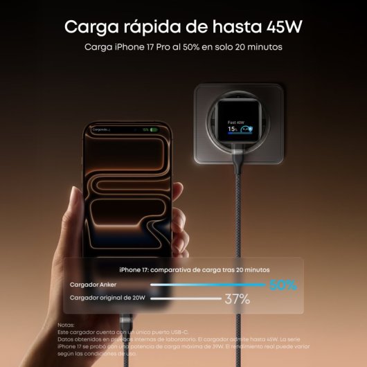 Cargador de Pared Anker Nano para iPhone Qi 45W, Carga Rápida, Pantalla inteligente, 1 USB-C Negro