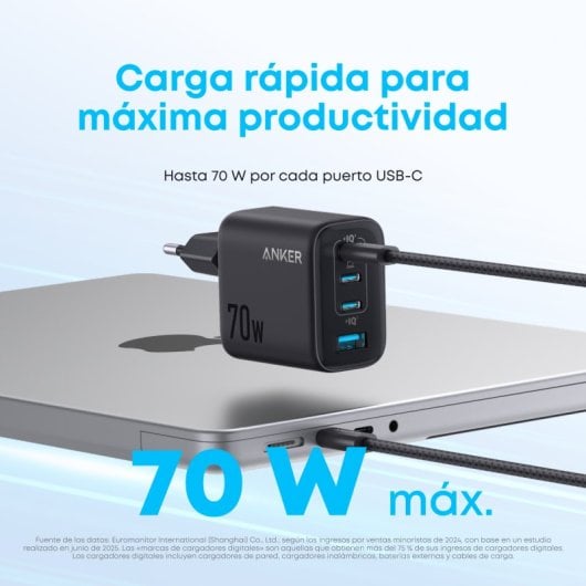 Cargador de Pared Anker Zolo, Carga Rápida Qi 70W, 3 USB-C, 1 USB-A PD 3.0, Negro