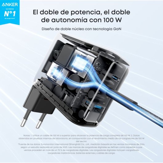 Cargador de Pared Anker 100W, Carga Rápida, Qi Pantalla inteligente, 2 USB-C, 1 USB-A, Negro