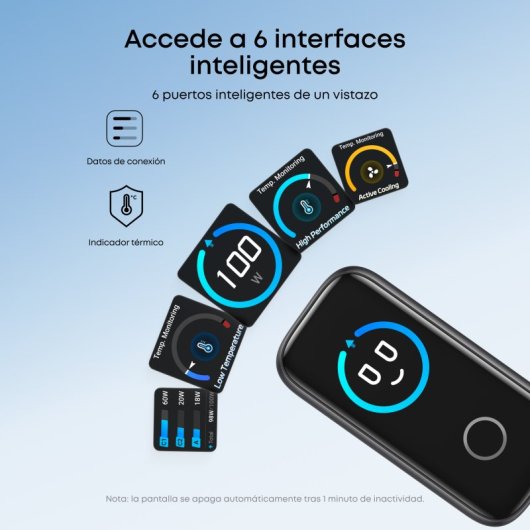 Cargador de Pared Anker 100W, Carga Rápida, Qi Pantalla inteligente, 2 USB-C, 1 USB-A, Negro