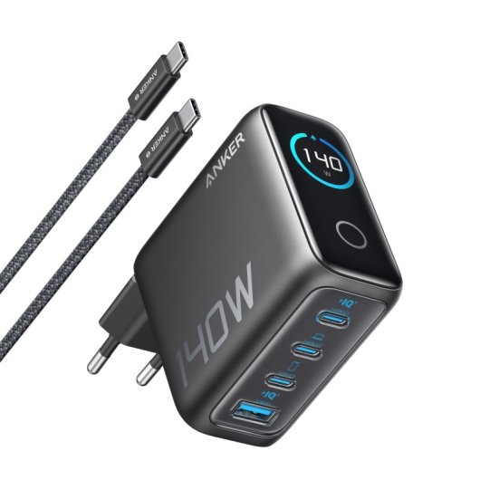 Cargador Anker 140W, Carga Rápida, Qi Pantalla inteligente, 3 USB-C, 1 USB-A, Touch control, Gris