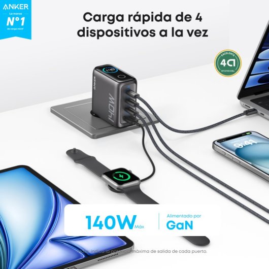 Cargador Anker 140W, Carga Rápida, Qi Pantalla inteligente, 3 USB-C, 1 USB-A, Touch control, Gris