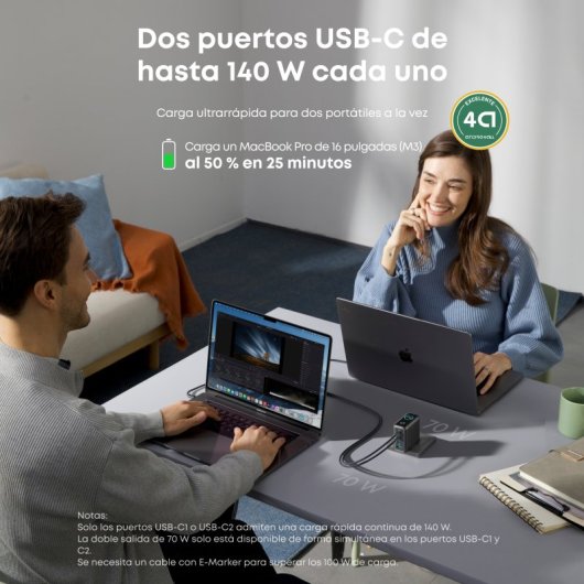 Cargador Anker 140W, Carga Rápida, Qi Pantalla inteligente, 3 USB-C, 1 USB-A, Touch control, Gris