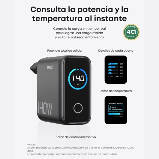 Cargador Anker 140W, Carga Rápida, Qi Pantalla inteligente, 3 USB-C, 1 USB-A, Touch control, Gris