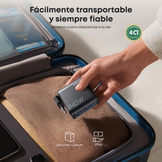Cargador Anker 140W, Carga Rápida, Qi Pantalla inteligente, 3 USB-C, 1 USB-A, Touch control, Gris