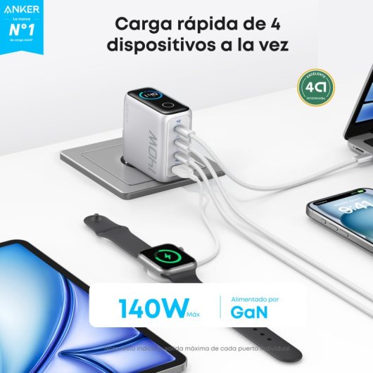 Cargador Anker 140W, Carga Rápida, Qi Pantalla inteligente, 3 USB-C, 1 USB-A,Touch control, Plata