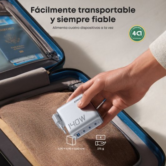 Cargador Anker 140W, Carga Rápida, Qi Pantalla inteligente, 3 USB-C, 1 USB-A,Touch control, Plata