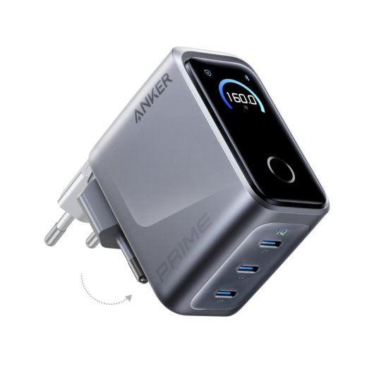 Cargador Anker Prime 160W, Carga Rápida, Qi Pantalla inteligente, 3 USB-C, Touch control, Plata