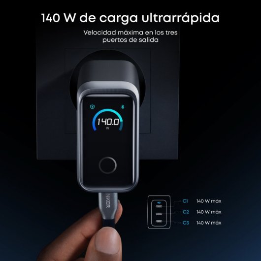 Cargador Anker Prime 160W, Carga Rápida, Qi Pantalla inteligente, 3 USB-C, Touch control, Plata