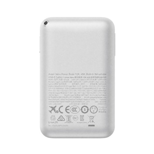 Power Bank Anker Nano 10.000 mAh, 45W, 1 USB-C, Cable retráctil USB-C, 1 USB-A Blanco