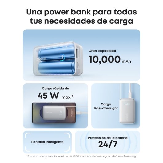 Power Bank Anker Nano 10.000 mAh, 45W, 1 USB-C, Cable retráctil USB-C, 1 USB-A Blanco