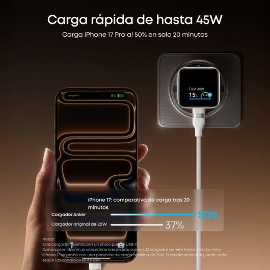Cargador de pared Anker Nano 45W USB-C Pantalla inteligente Blanco