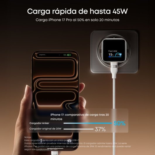Cargador de Pared Anker Nano para iPhone Qi 45W, Carga Rápida, Pantalla inteligente, 1 USB-C Blanco