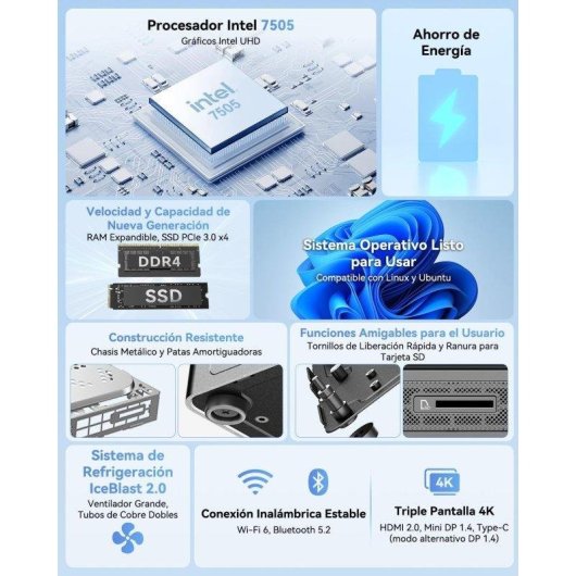 Mini PC GEEKOM Air12 Intel Pentium Gold 7505 16GB 512GB SSD Intel UHD Windows 11 Triple Pantalla Ultra Compacto