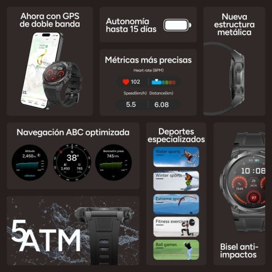 Ksix Explorer 2 Con Gps Doble Banda Smartwatch, Navegación Abc, 5atm, Amoled, Deportes Avanzados, 15 Días Batería, Negro