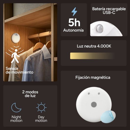 Ksix  Luz Led Sense Dot, Sensor De Movimiento, 40lm, 4000k, Batería De Litio 600mah, Recargable Usb-c, Sensor De Movimiento, 40lm, 4000k, Batería De Litio 600mah, Recargable Usb-c