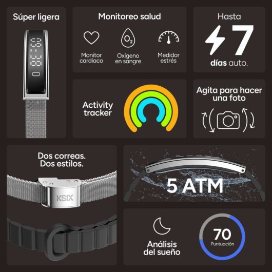 Ksix Serena Ultraligera Con Pantalla Smartband, 100 Modos Deporte, Sueño Y 7 Días De Batería, 2 Correas, Caja Plateada