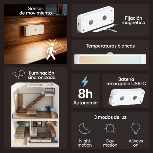 Ksix  Luz Led Sense Bar, Sensor De Movimiento, 50lm, Cct 3000k-6500k, Batería 1100mah Recargable Usb-c, Sensor De Movimiento, 50lm, Cct 3000k-6500k, Batería 1100mah Recargable Usb-c