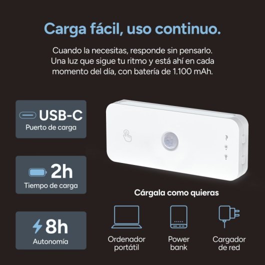Ksix  Luz Led Sense Bar, Sensor De Movimiento, 50lm, Cct 3000k-6500k, Batería 1100mah Recargable Usb-c, Sensor De Movimiento, 50lm, Cct 3000k-6500k, Batería 1100mah Recargable Usb-c