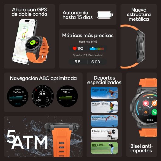 Ksix Explorer 2 Go Con Gps Doble Banda Smartwatch, Navegación Abc, 5atm, Amoled, Deportes Avanzados, 15 Días Batería, Naranja