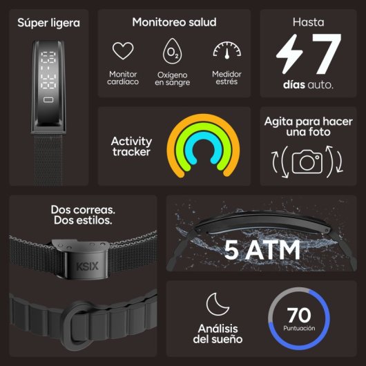 Ksix Serena Go Ultraligera Con Pantalla Smartband, 100 Modos Deporte, Sueño Y 7 Días De Batería, 2 Correas, Caja Negra
