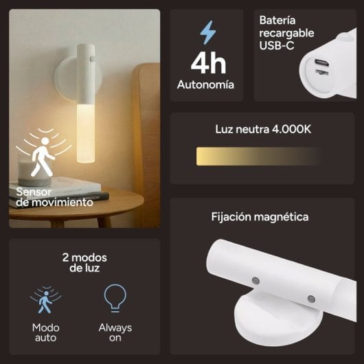 Ksix  Luz Led Sense Stick, Sensor De Movimiento, 20lm, 4000k, Batería De Litio 500mah, Recargable Usb-c, Sensor De Movimiento, 20lm, 4000k, Batería De Litio 500mah, Recargable Usb-c
