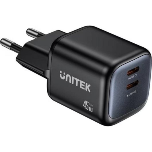 Cargador USB Unitek 2 Puertos 45W GaN Power Delivery Quick Charge Negro