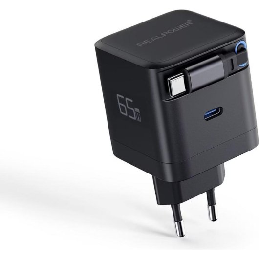 Cargador USB RealPower GaN 65W 2 Puertos USB-C Negro