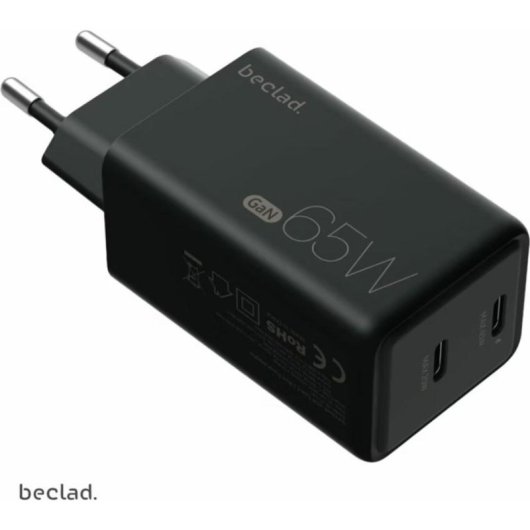 Cargador Beclad 65W 2 Puertos USB-C GaN Power Delivery Negro
