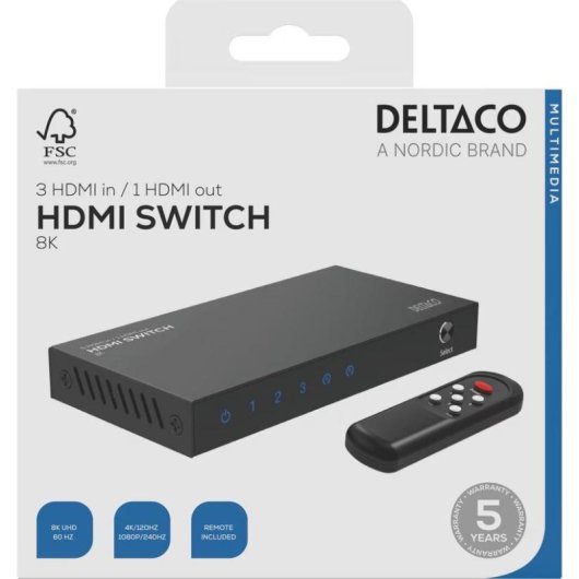 Conmutador de Vídeo Deltaco HDMI-7053 8K Ultra HD USB-C Negro