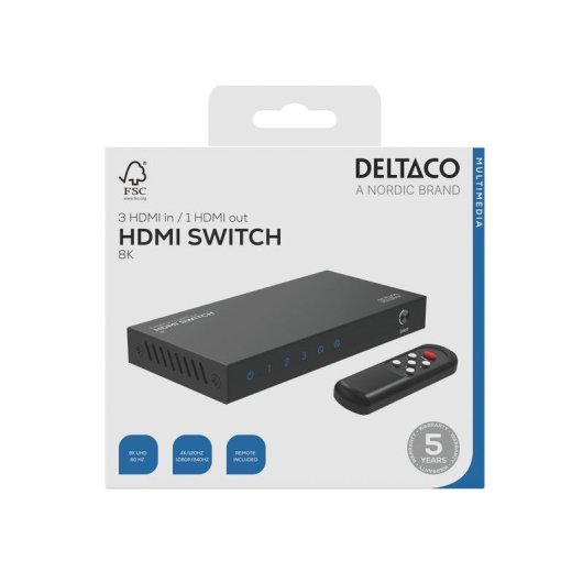 Conmutador de Vídeo Deltaco HDMI-7053 8K Ultra HD USB-C Negro