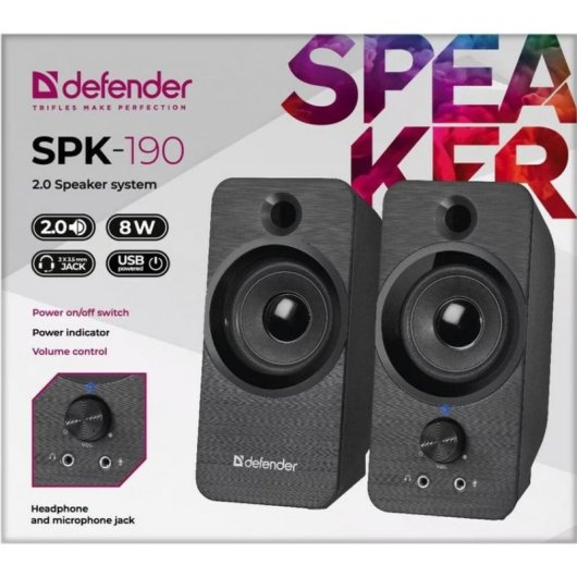 Colunas Defender PC 2.0 USB 8W potência design compacto preto