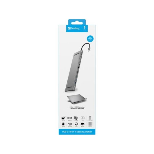 Base para portátiles Sandberg USB-C 10 en 1 Estación de conexión Aluminio