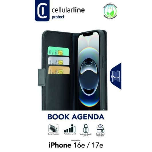 Funda para móvil Cellularline Book Agenda Folio Imitación piel Negra con soporte para iPhone 16e y 17e