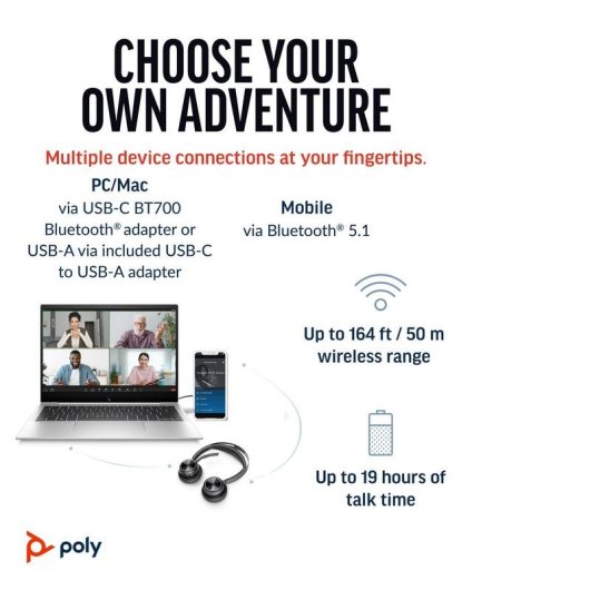 Auriculares HP Poly Voyager Focus 2 inalámbricos Bluetooth con Cancelación Activa de Ruido, Micrófono y USB-A, negros