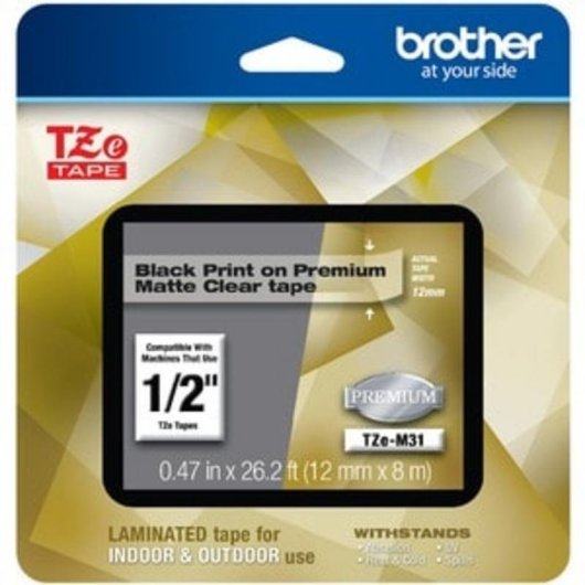 Cinta para Rotuladora Brother TZE-M31 Laminada Mate 1,2 cm x 8 m Negro sobre Transparente