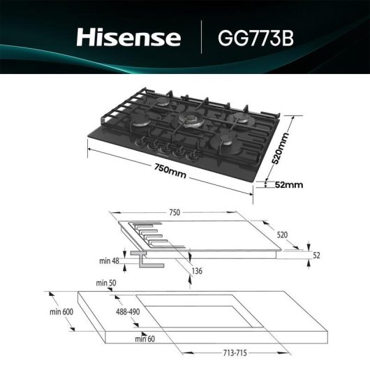 Placa de Gás Hisense GG773B Integrada 75 cm Vidro Temperado 5 Zonas