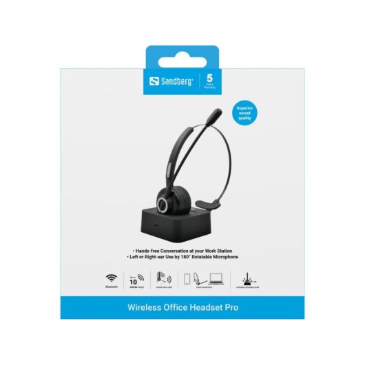 Cuffie Sandberg Wireless Office Bluetooth 5.2 wireless con microfono e base magnetica nero
