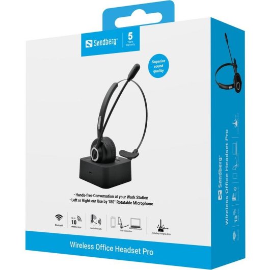 Cuffie Sandberg Wireless Office Bluetooth 5.2 wireless con microfono e base magnetica nero