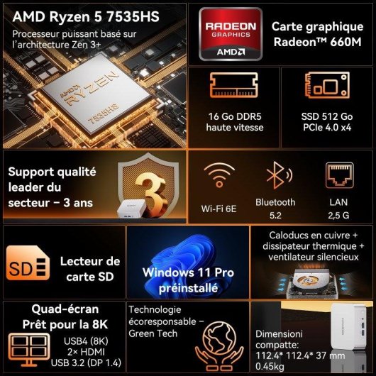 Mini PC GEEKOM A7 AMD Ryzen 5 7535HS 16GB 512GB SSD Radeon 660M Windows 11 Pro USB4 Wi-Fi 6E