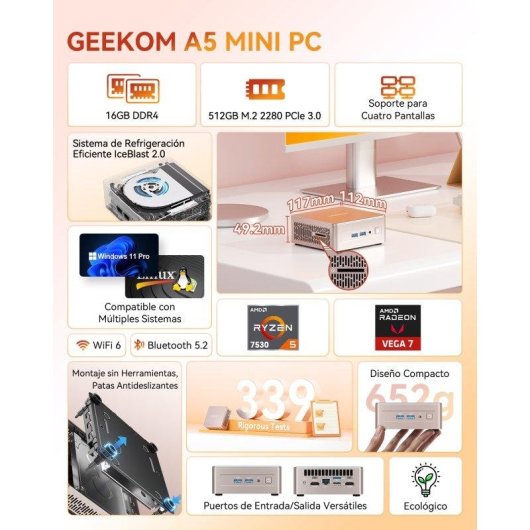 Mini PC GEEKOM A5 AMD Ryzen 5 7530U/16GB/512GB SSD/Radeon Vega 7/Windows 11 Pro/Ampliable