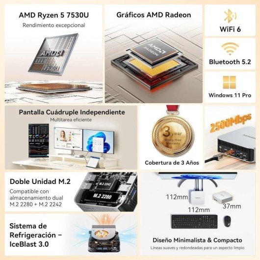 Mini PC GEEKOM A5 Pro AMD Ryzen 5 7530U 16GB 512GB SSD Radeon Windows 11 Pro Chasis Metálico